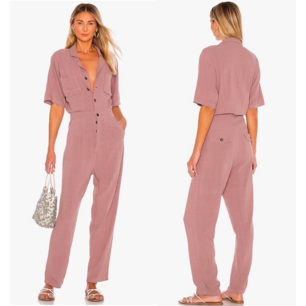 Free‎ People Margot Linen Coverall Jumpsuit M Mauve Pink Utility Coastal Baggy